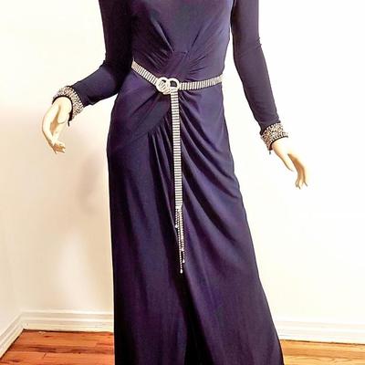 Grecian Draped  Embellished Maxi Blue Gown Crstals & Rhinestone Belt