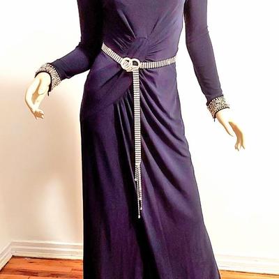 Grecian Draped  Embellished Maxi Blue Gown Crstals & Rhinestone Belt