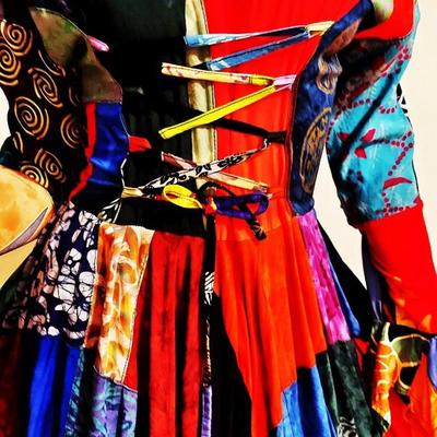 Boho Chic 1970  Patchwork Prairie Handkerchief Colorful Tie back midi dress