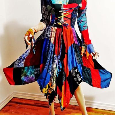 Boho Chic 1970  Patchwork Prairie Handkerchief Colorful Tie back midi dress