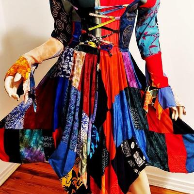 Boho Chic 1970  Patchwork Prairie Handkerchief Colorful Tie back midi dress