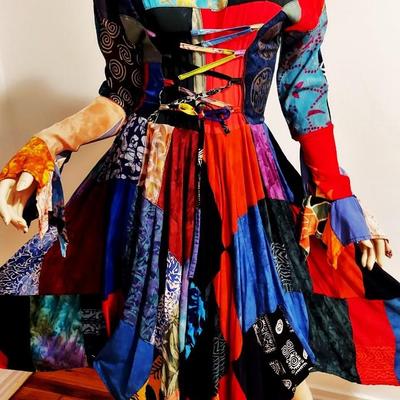 Boho Chic 1970  Patchwork Prairie Handkerchief Colorful Tie back midi dress