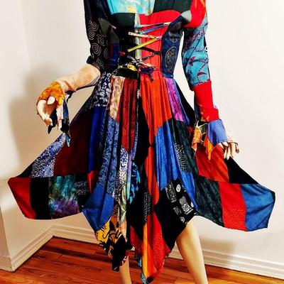 Boho Chic 1970  Patchwork Prairie Handkerchief Colorful Tie back midi dress