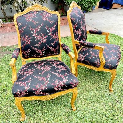 LOT 109    PAIR OF FRENCH PROVINCIAL ARM CHAIRS DRAMATIC BLACK FLORAL UPHOLSTERY