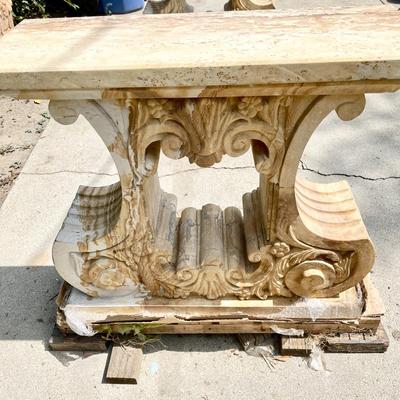 LOT 112  PAIR OF  RECONSTITUTED MARBLE LIKE STONE PEDESTALS GLASS TOP DINING TABLE