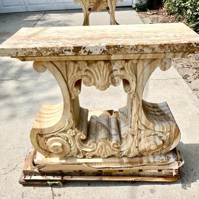 LOT 112  PAIR OF  RECONSTITUTED MARBLE LIKE STONE PEDESTALS GLASS TOP DINING TABLE