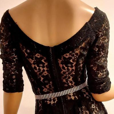 Vtg 1950's French Lace Layering Fit & Flare Dress Metal Zipper  Rhinestone Belt