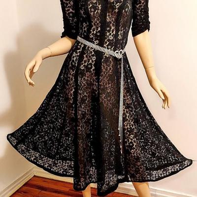 Vtg 1950's French Lace Layering Fit & Flare Dress Metal Zipper  Rhinestone Belt