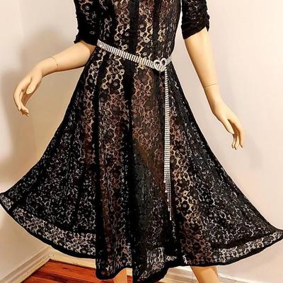Vtg 1950's French Lace Layering Fit & Flare Dress Metal Zipper  Rhinestone Belt