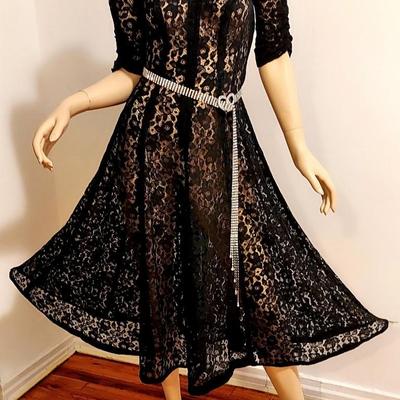 Vtg 1950's French Lace Layering Fit & Flare Dress Metal Zipper  Rhinestone Belt