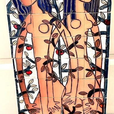 LOT 115   MOSAIC TILES PAINTED 2 FEMALE NUDES STANDING IN A BERRY PATCH