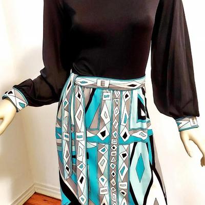 Paganne 1960's signed dress w/Sash Belt Aztek Print