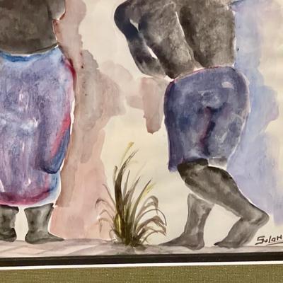 LOT 117  FRAMED WATER COLOR BY SOLANGE  LADIES & MAN PRODUCE BASKETS