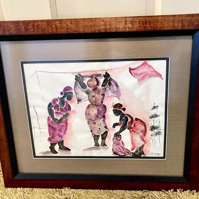 LOT 118   FRAMED ARTWORK SIGNED SOLANGE ACRYLICS ON PAPER LADIES HANGING LAUNDRY