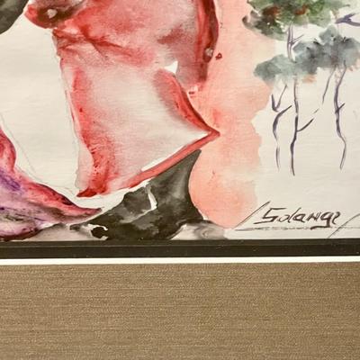LOT 118   FRAMED ARTWORK SIGNED SOLANGE ACRYLICS ON PAPER LADIES HANGING LAUNDRY