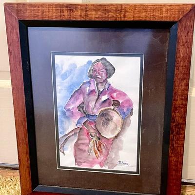 LOT 119  FRAMED ARTWORK BRAZILIAN LADY W/DRUM SIGNED SOLANGE ACRYLICS ON PAPER