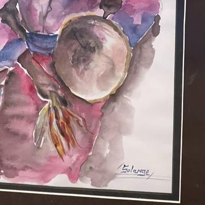 LOT 119  FRAMED ARTWORK BRAZILIAN LADY W/DRUM SIGNED SOLANGE ACRYLICS ON PAPER
