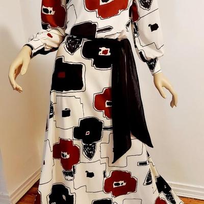 Maxi  Modernist 1970's Dress Abstract print Sash belt