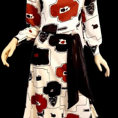 Maxi  Modernist 1970's Dress Abstract print Sash belt