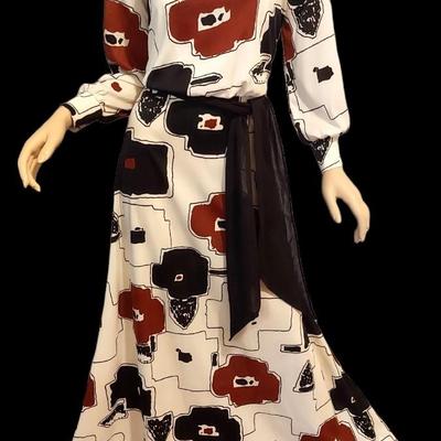 Maxi  Modernist 1970's Dress Abstract print Sash belt