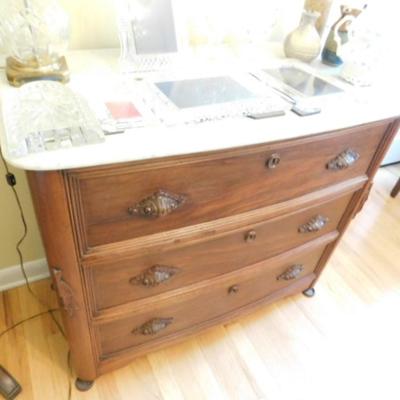 Vintage Walnut Finish Chest for Drawers with Marble Slab Top