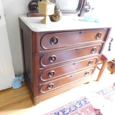 Gorgeous Antique Solid Wood Finish Dresser and Mirror with Marble Top