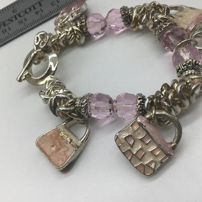 Handbag Enameled Purse Lover Charm Bracelet with Pink Glass BeadsCharms-Silver Tone