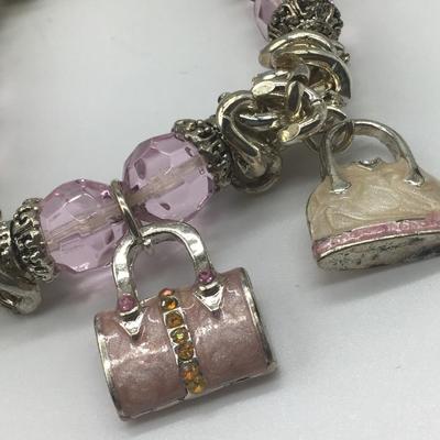 Handbag Enameled Purse Lover Charm Bracelet with Pink Glass BeadsCharms-Silver Tone