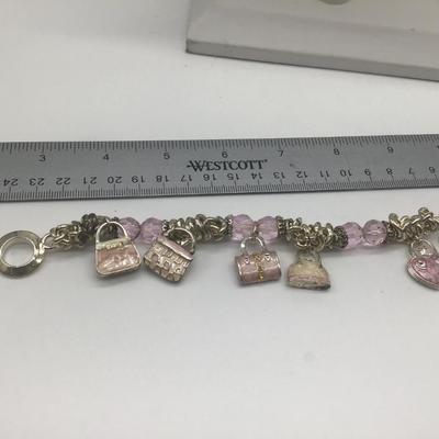 Handbag Enameled Purse Lover Charm Bracelet with Pink Glass BeadsCharms-Silver Tone