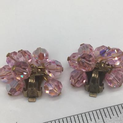 Vintage Pink Beaded Aurora Borealis Crystal Clip On Dangle Earrings