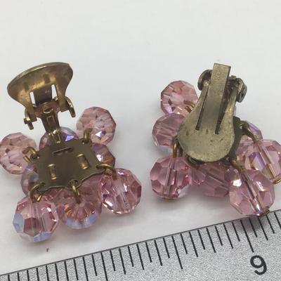 Vintage Pink Beaded Aurora Borealis Crystal Clip On Dangle Earrings