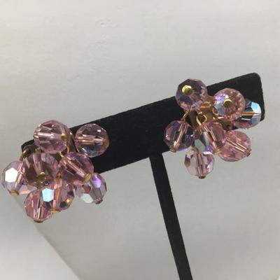 Vintage Pink Beaded Aurora Borealis Crystal Clip On Dangle Earrings