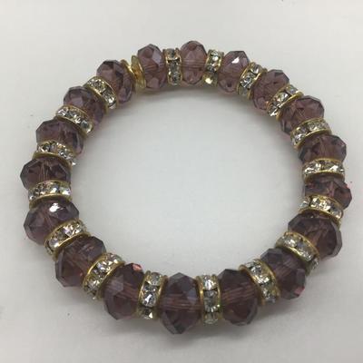 Beautiful Stretch Bracelet   Gold Purple Beads Clear Rhinestones