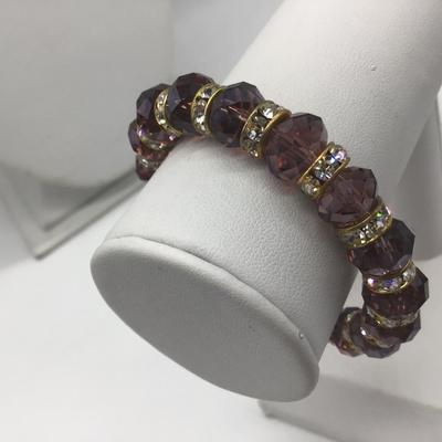 Beautiful Stretch Bracelet   Gold Purple Beads Clear Rhinestones