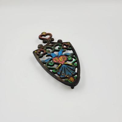 VINTAGE HAND PAINTED CAST IRON TRIVET
