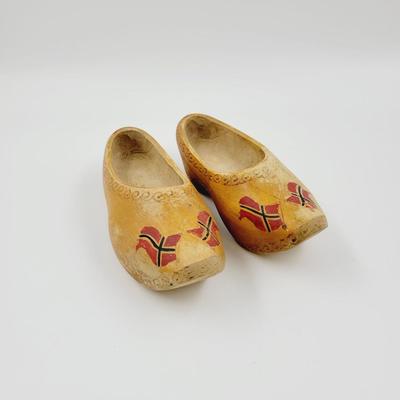 VINTAGE HAND CARVED WOODEN CLOGS W/ NORWEGIAN FLAGS