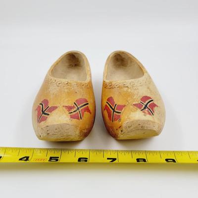VINTAGE HAND CARVED WOODEN CLOGS W/ NORWEGIAN FLAGS