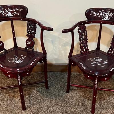 Pair of Vintage Asian Mother of Pearl Inlaid Corner Chairs Rosewood