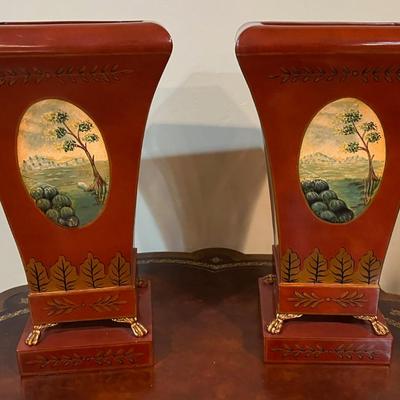 Fantastic Maitland - Smith Hand Pained Metal Urns or Vases, pair