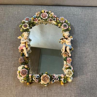 Antique Dresden or Meissen Mirror w/Cherubs and Flowers