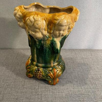 Footed Majolica Vase w/Cherubs