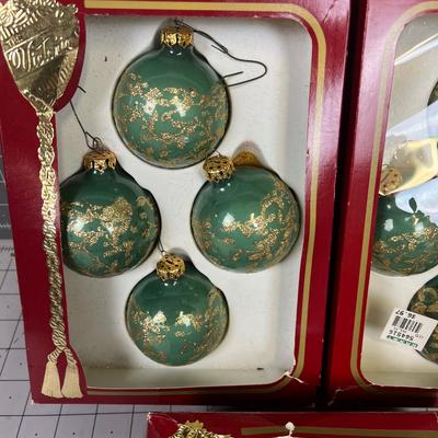Green and Gold Victoria Glass Ornaments 3 BX of 4 Each