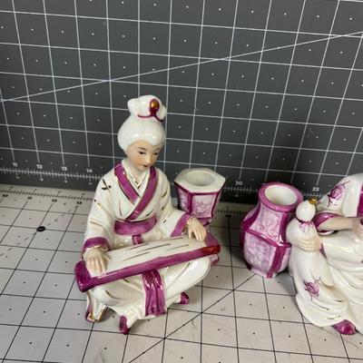 Asian Figurine Candle Sticks, Ladies Sitting 