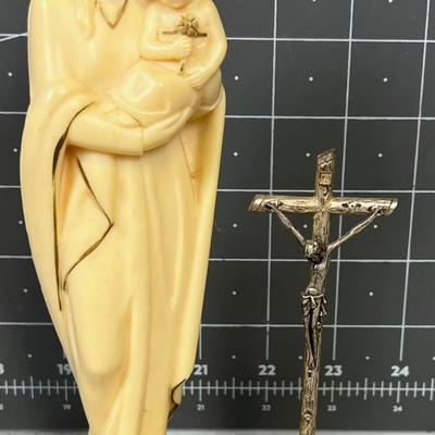 Crucifix and Madonna with Child Statue