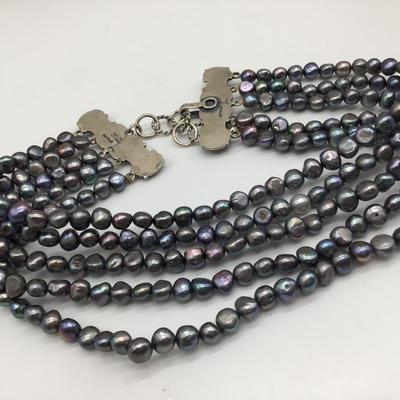 Vintage T. Foree Sterling Silver .925 Black Freshwater Pearl Necklace  multi-strand