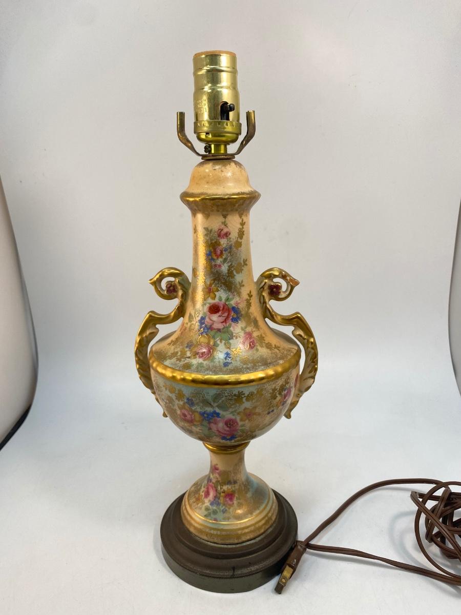 Vintage Ceramic Floral Gold Gilt Table Lamp