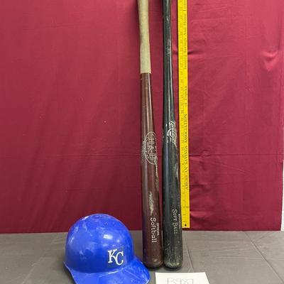 2 softball bats, Royals hat, and baseball