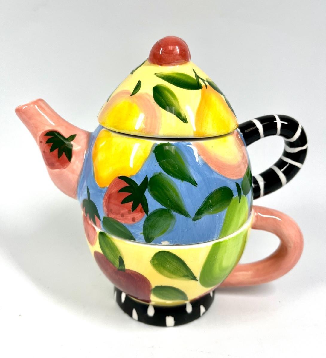 Bella Casa by Ganz Colorful Fruit Patterned Teapot & Cup Combo Stacking