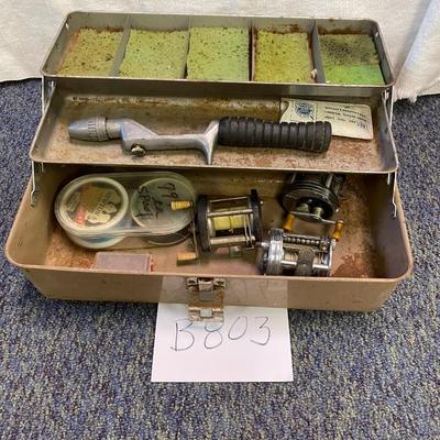 Rustic tackle box w/reel assortment