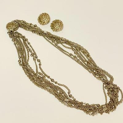 LOT 134   VINTAGE MULTI STRAND GOLD TONE CHAIN NECKLACE W/MATCHING CLIP ON EAR RINGS